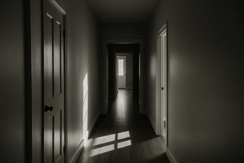 Couloir vide en noir et blanc avec lumière contrastée, perspective plongée