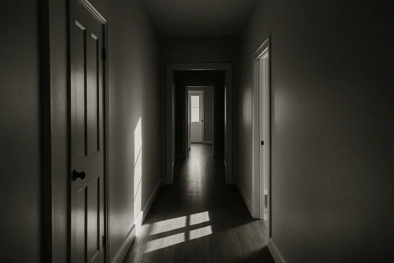 Couloir vide en noir et blanc avec lumière contrastée, perspective plongée