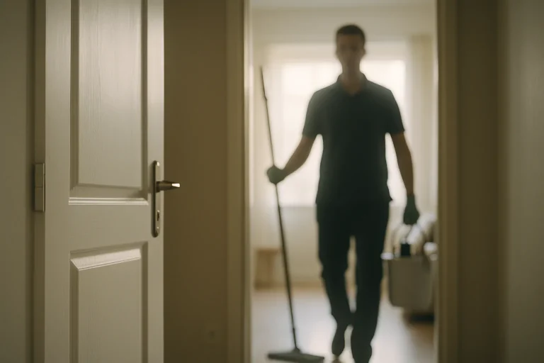 Silhouette floue d'un professionnel de nettoyage entrant dans un appartement, lumière douce.