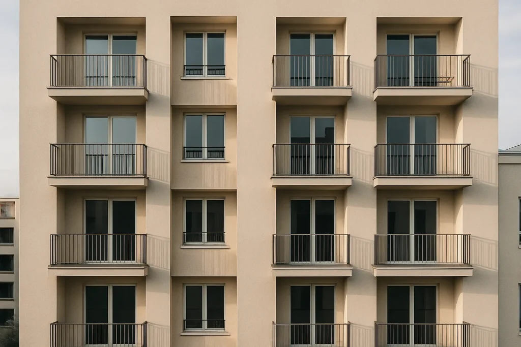 Vue extérieure d'un immeuble résidentiel au lever du jour, plusieurs balcons visibles.