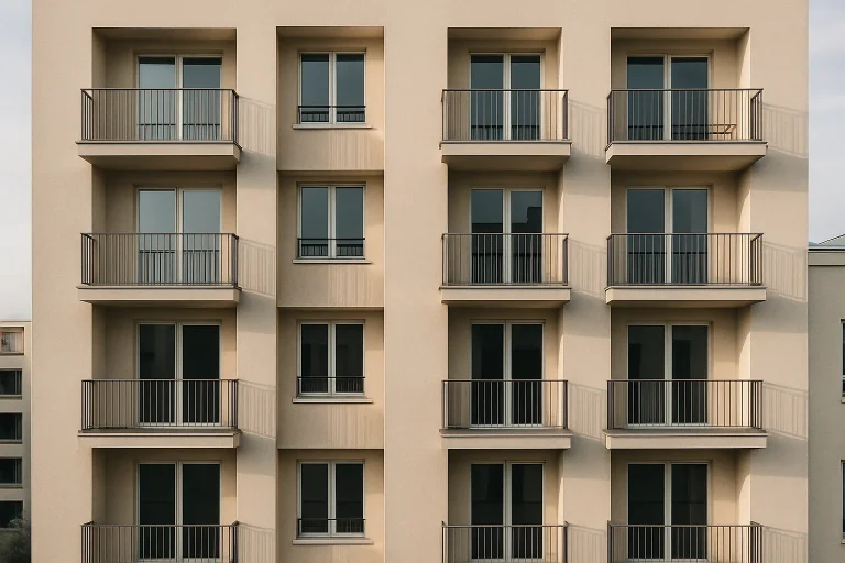 Vue extérieure d'un immeuble résidentiel au lever du jour, plusieurs balcons visibles.