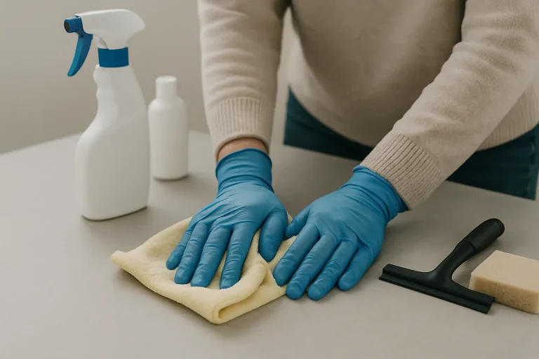 Mains en train de nettoyer avec des outils spécialisés sur une surface.