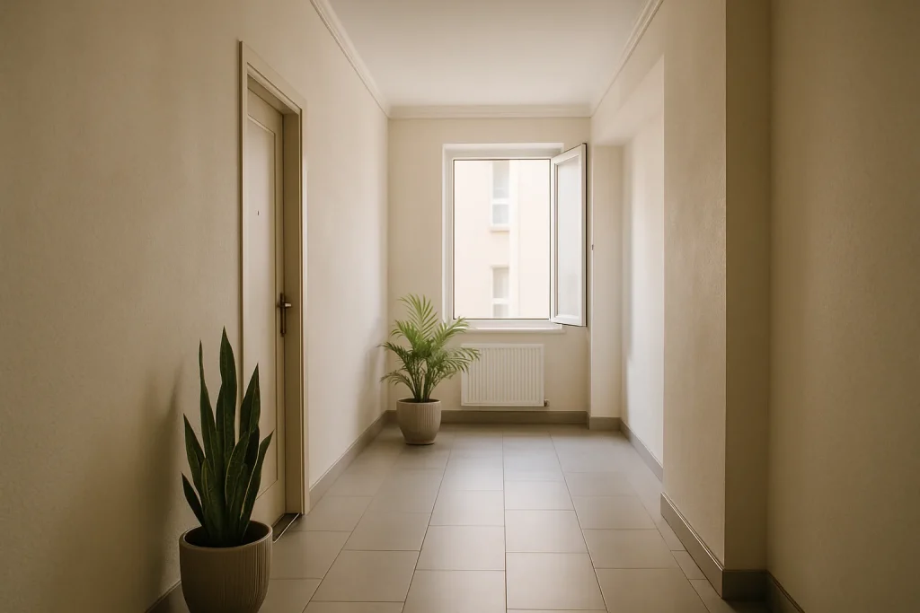 Couloir d'immeuble lumineux avec fenêtres ouvertes, plantes décoratives et lumière douce.