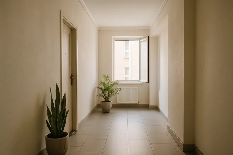 Couloir d'immeuble lumineux avec fenêtres ouvertes, plantes décoratives et lumière douce.