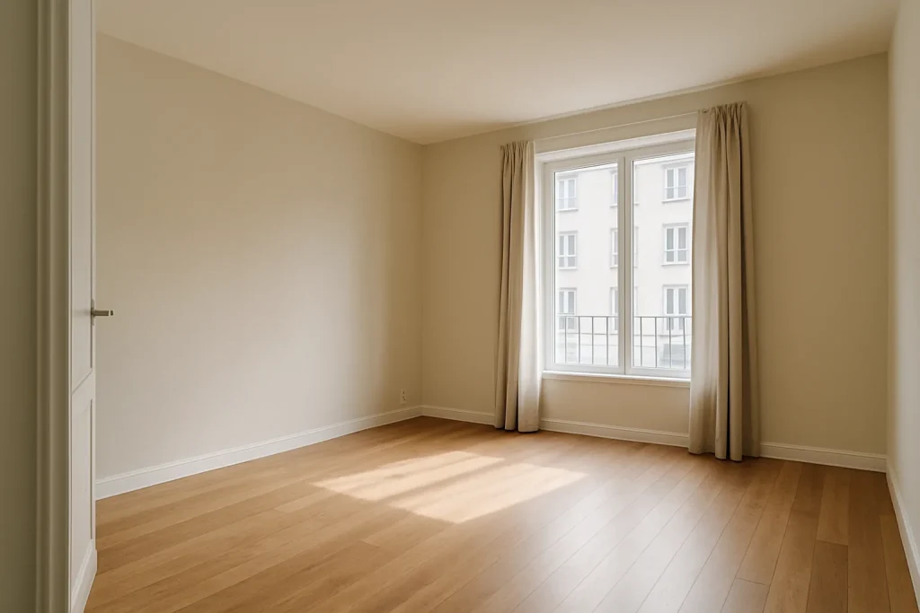 Intérieur d'un appartement vide et propre, prêt pour la relocation après un décès.