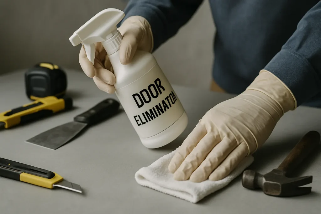 Mains gantées appliquant un traitement anti-odeurs sur une surface, outils visibles