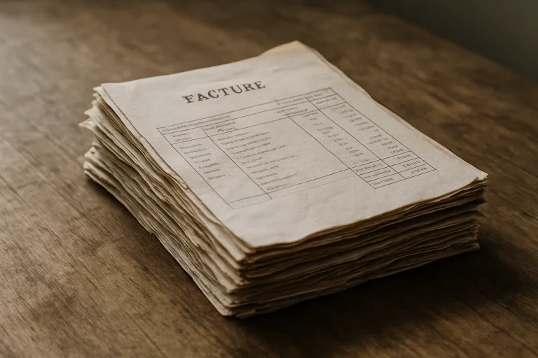 Pile de factures anciennes sur une table en bois, éclairage naturel.