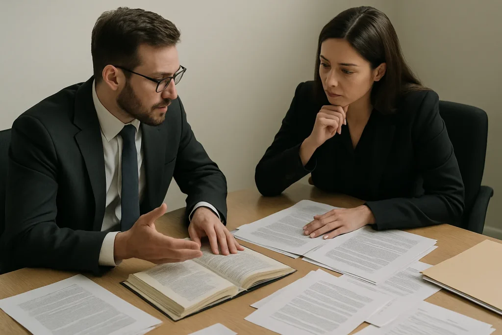 Deux avocats discutent autour d'une table avec des documents juridiques, lumière neutre.