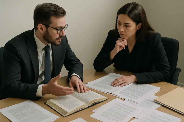 Deux avocats discutent autour d'une table avec des documents juridiques, lumière neutre.