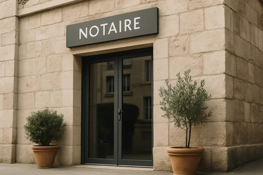 Façade d'un bureau notarial avec plantes en pot à l'entrée, vue de jour