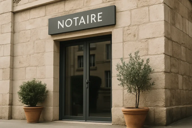 Façade d'un bureau notarial avec plantes en pot à l'entrée, vue de jour