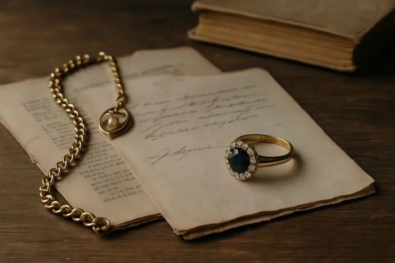 Bijoux précieux et documents anciens sur une table, éclairage doux.