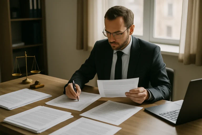 Notaire consultant des documents notariaux, lumière douce, détails des papiers visibles.