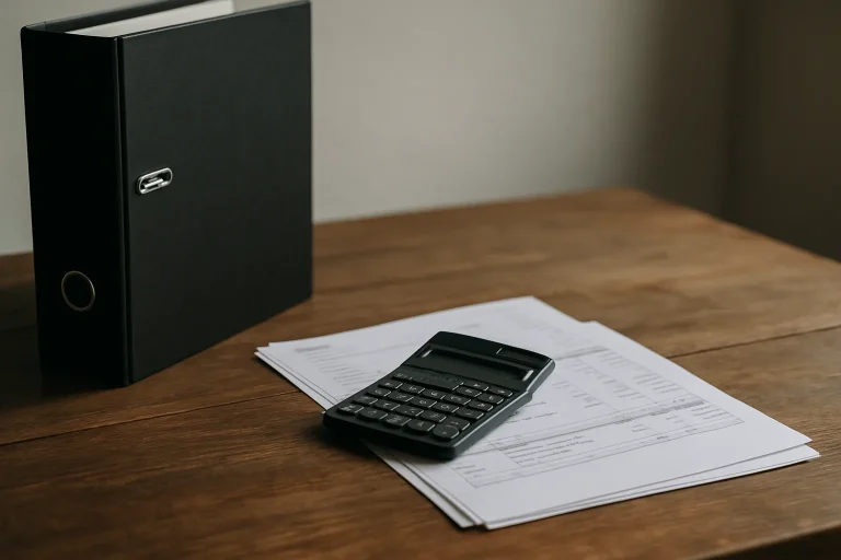 Un classeur, une calculatrice et des documents de devis sur une table en bois