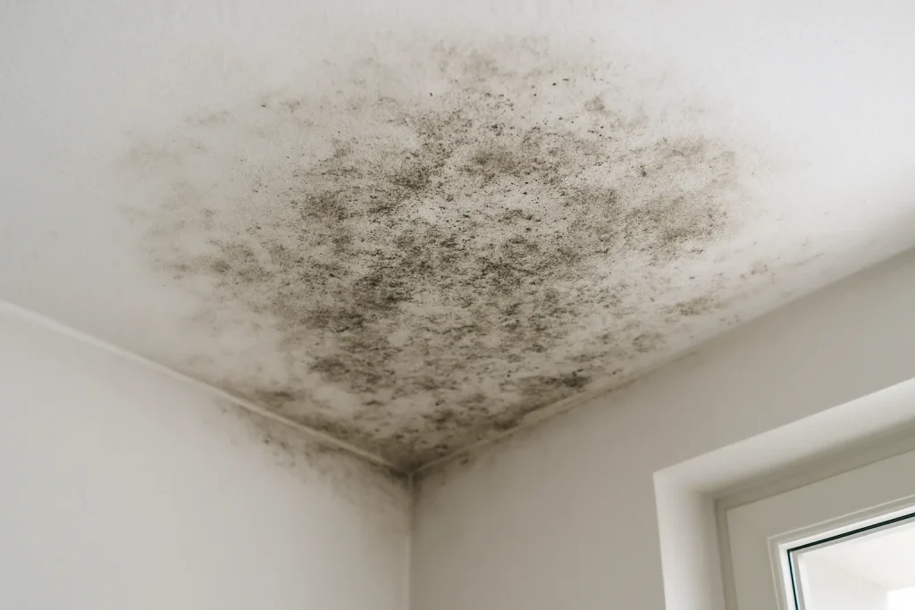 Gros plan d'une zone de plafond avec traces d'humidité et moisissures.