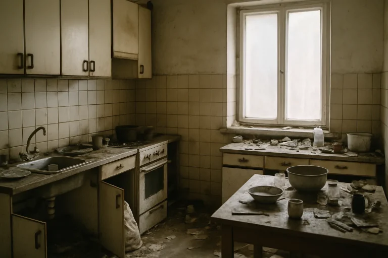 Cuisine désordonnée avec saleté visible, éclairage doux par la fenêtre.