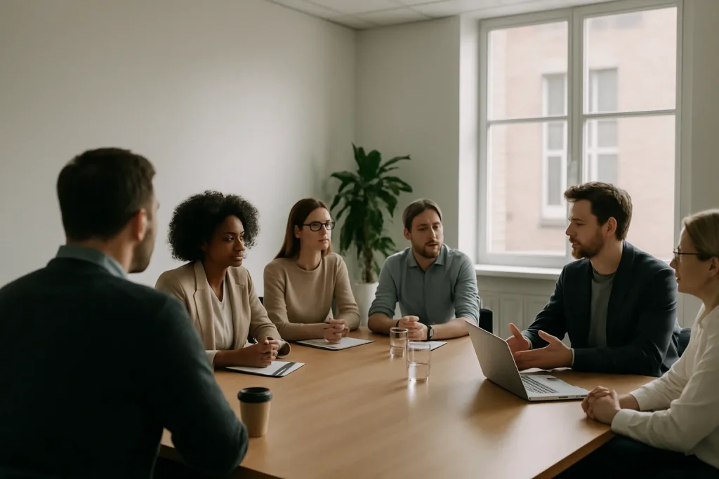 Personnes discutant autour d'une table dans une salle de réunion, lumière douce.