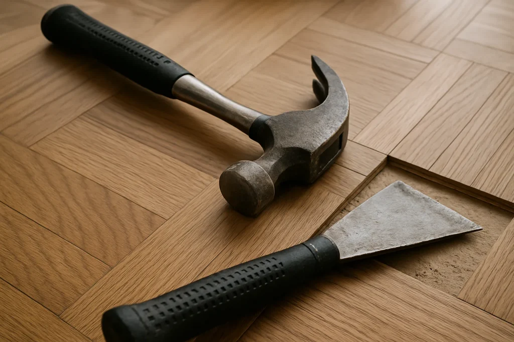 Gros plan sur des outils de dépose de parquet avec détails de textures.