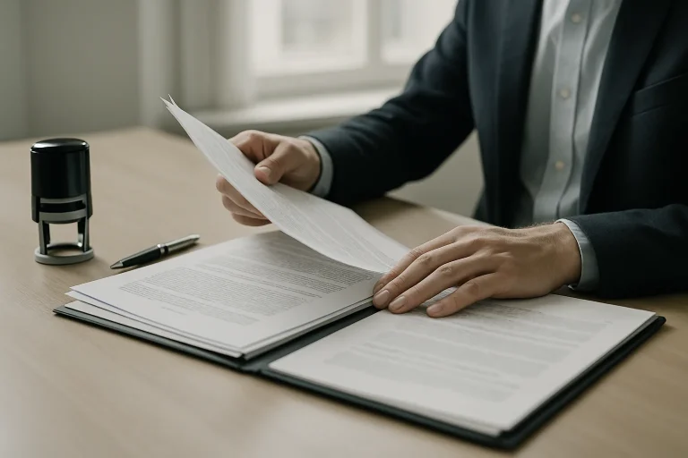 Notaire feuilletant des documents avec précision dans un bureau moderne.