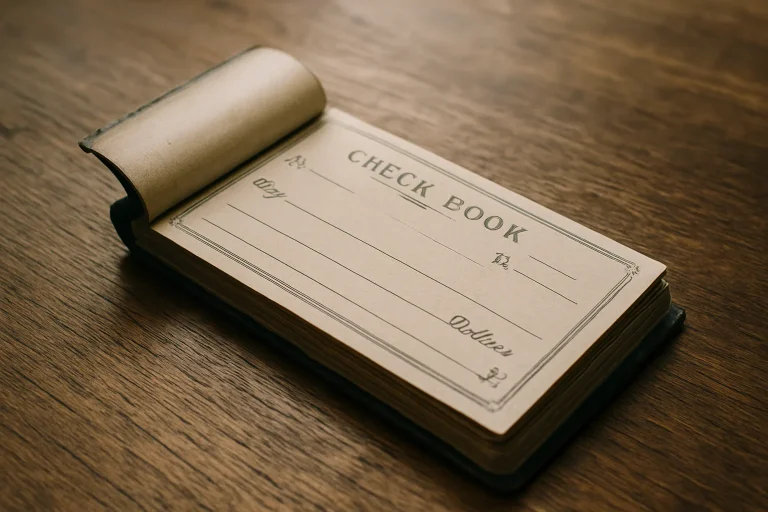 Carnet de chèques sur une table en bois, éclairé naturellement