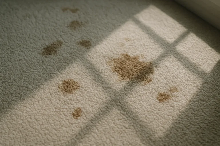 Gros plan sur une moquette sale dans un deux-pièces contaminé, lumière naturelle.