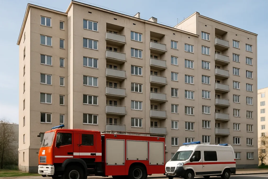 Des camions de secours stationnés devant un immeuble résidentiel lors d'une urgence sanitaire.