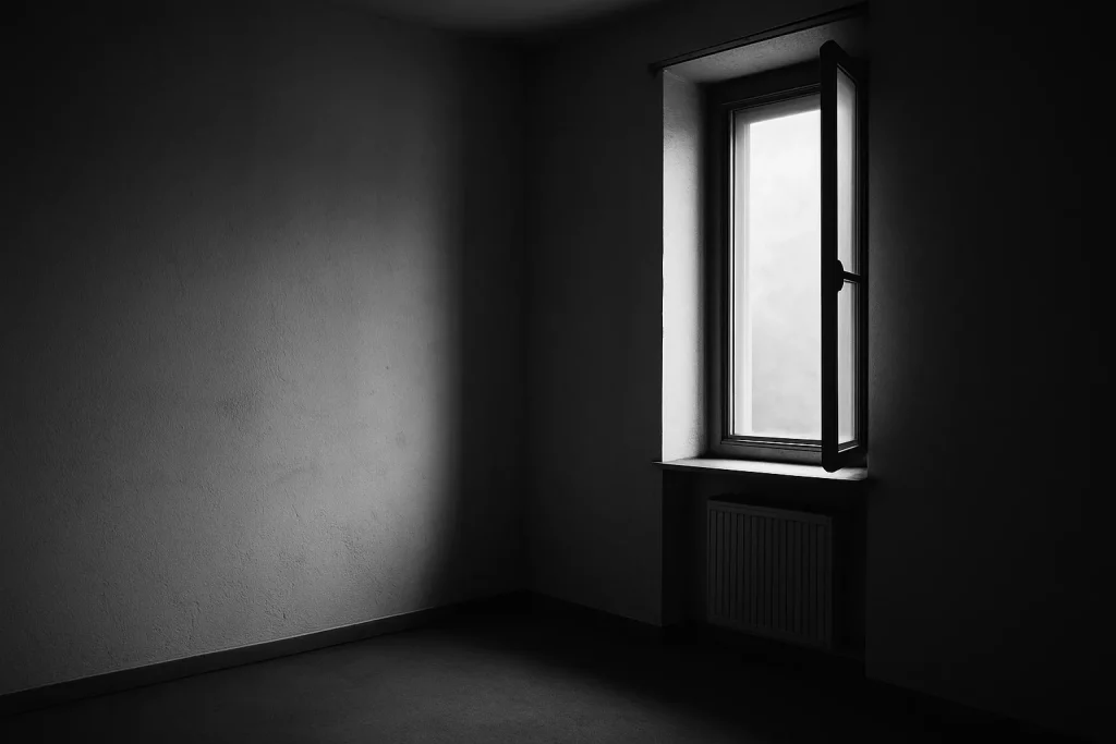 Fenêtre légèrement ouverte dans une pièce vide, lumière tamisée, contraste élevé