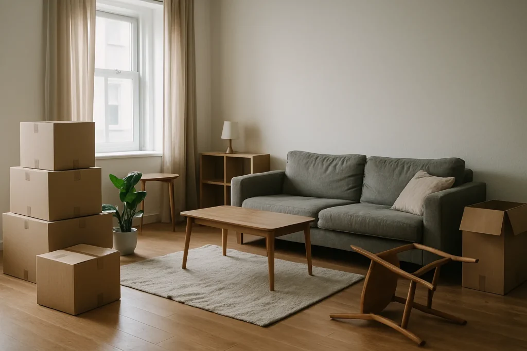 Appartement encombré avec cartons, lumière douce entrant par la fenêtre.