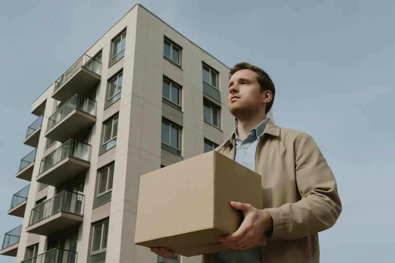 Homme portant un carton à l'extérieur d'un immeuble résidentiel, ciel bleu.