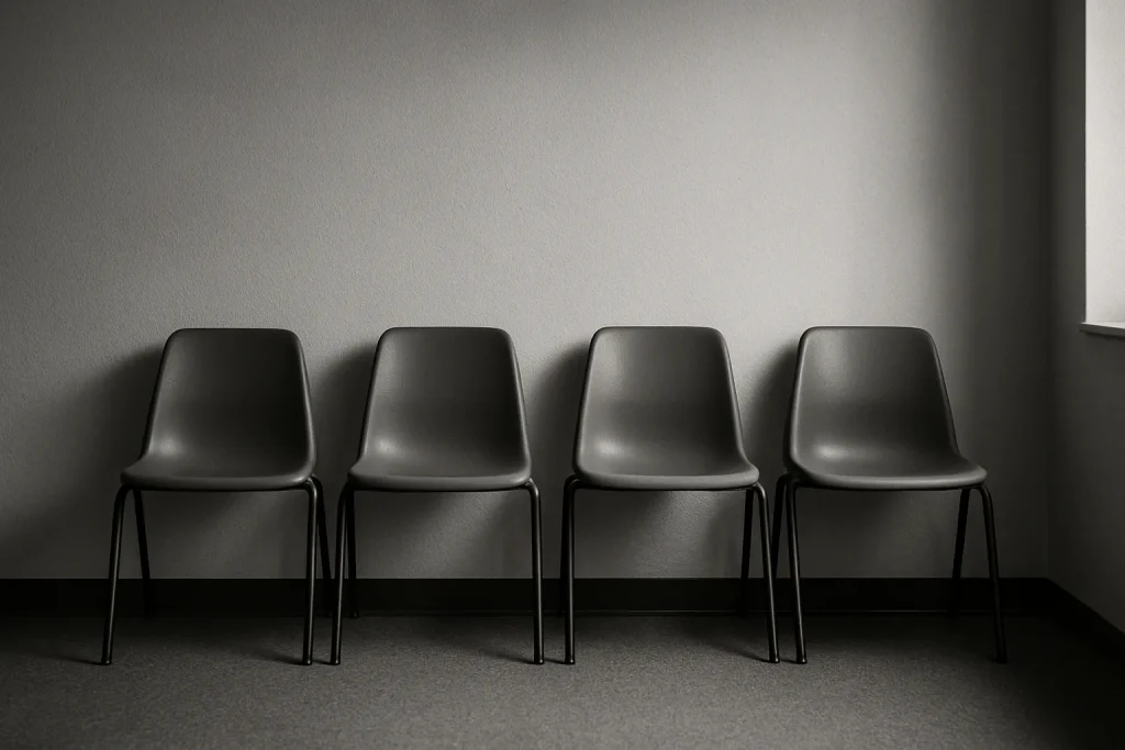 Salle d'attente vide avec chaises alignées, éclairage tamisé, en noir et blanc.
