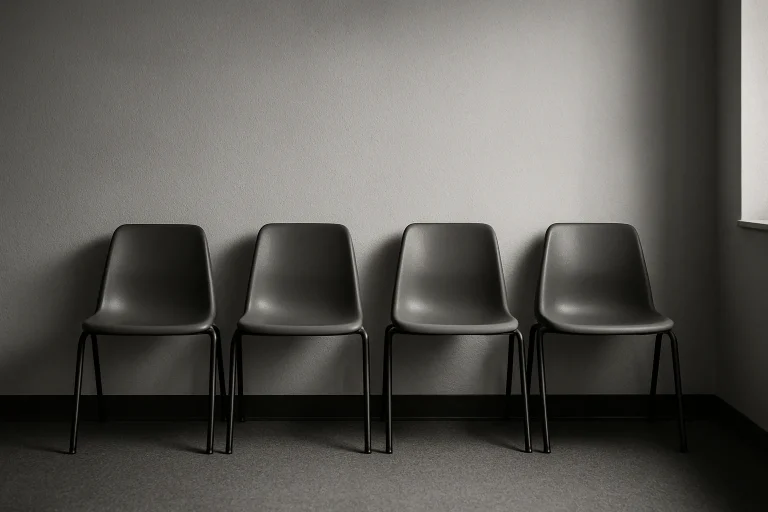 Salle d'attente vide avec chaises alignées, éclairage tamisé, en noir et blanc.