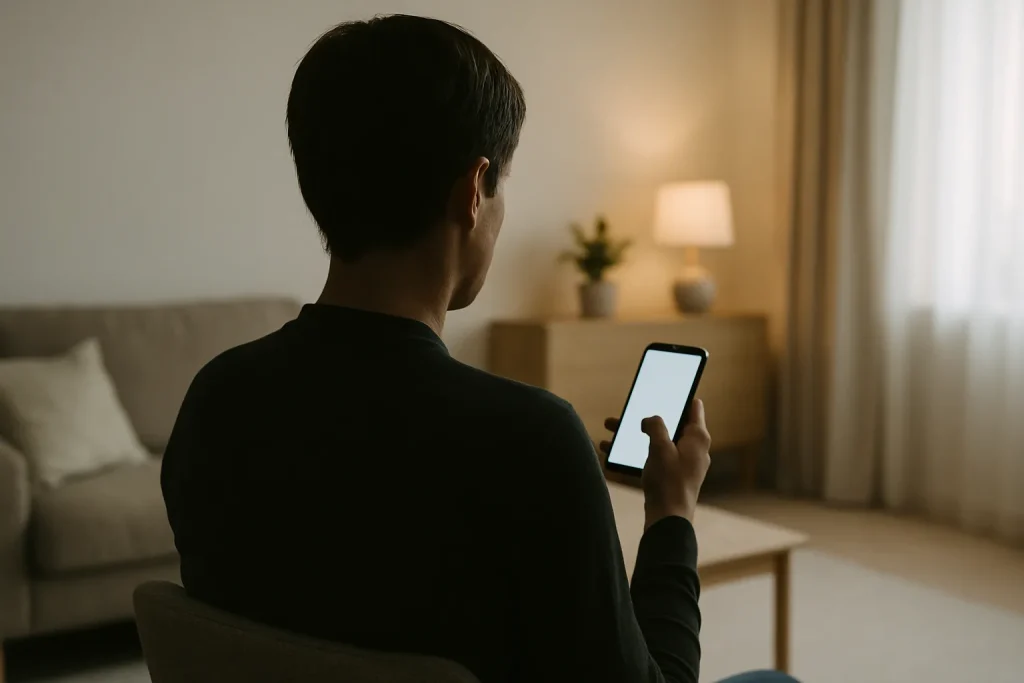 Personne de dos tenant un téléphone dans un salon éclairé doucement, symbolisant une prise de contact avec une assurance.