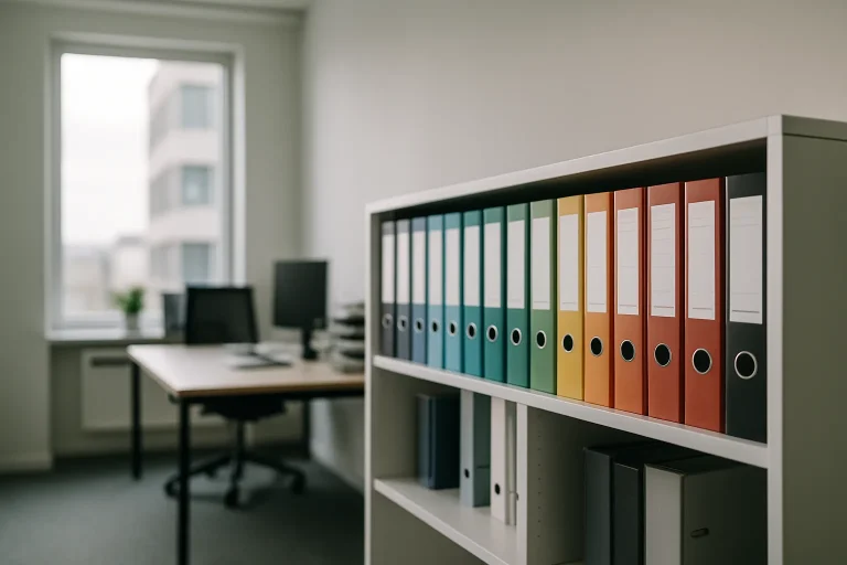 Bureau avec classeurs colorés sur étagère, éclairé par une fenêtre.