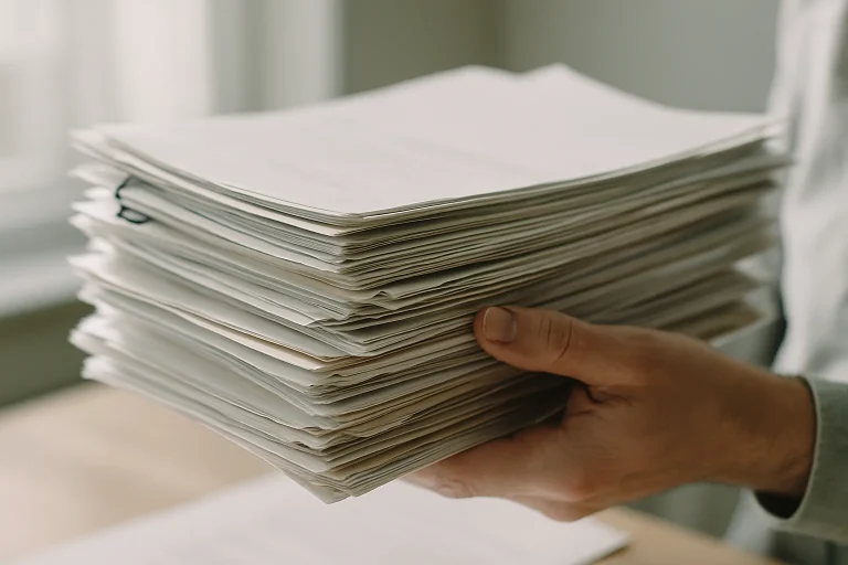 Main tenant une pile de documents, éclairée par une lumière naturelle, gros plan