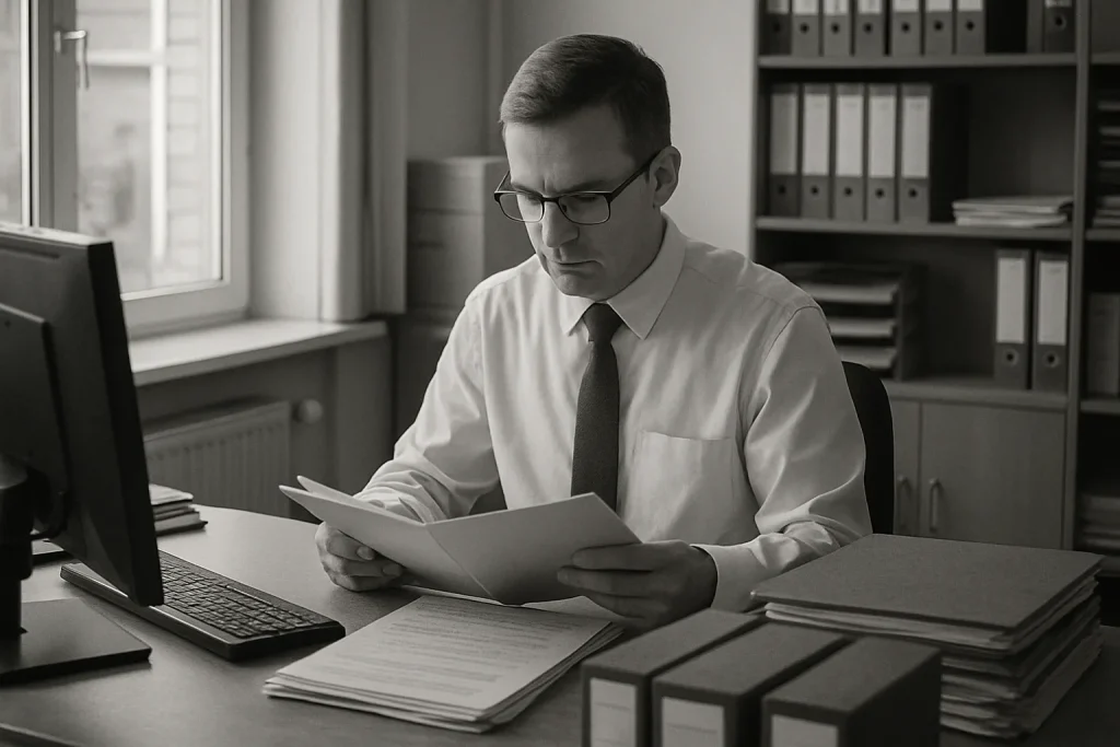 Agent administratif consultant des dossiers dans un bureau éclairé naturellement.