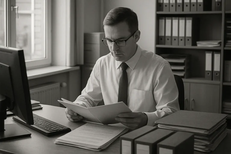 Agent administratif consultant des dossiers dans un bureau éclairé naturellement.