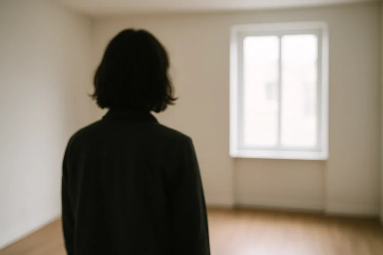 Silhouette floue d'une personne face à un appartement vide, lumière douce