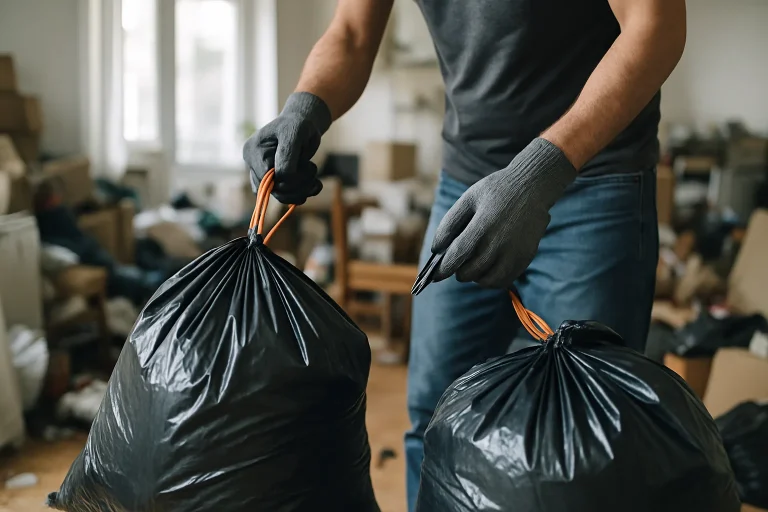 Mains gantées manipulant des sacs de déchets dans un appartement encombré