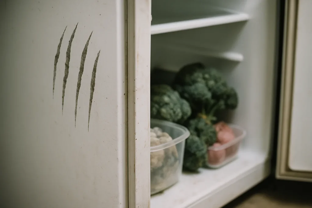 Porte de frigo entrouverte avec aliments moisis et traces de rats visibles.