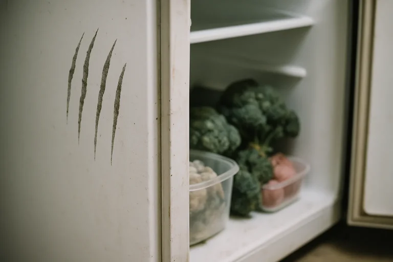 Porte de frigo entrouverte avec aliments moisis et traces de rats visibles.