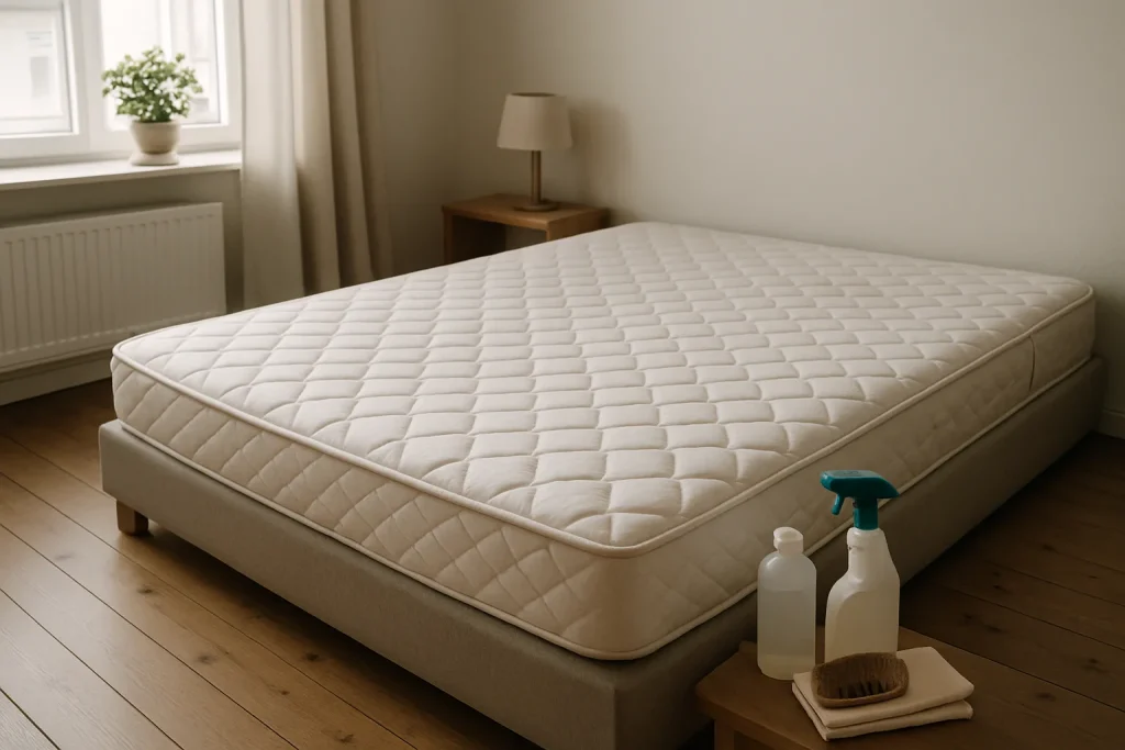 Chambre avec matelas sans draps et produits de nettoyage, lumière douce du matin.