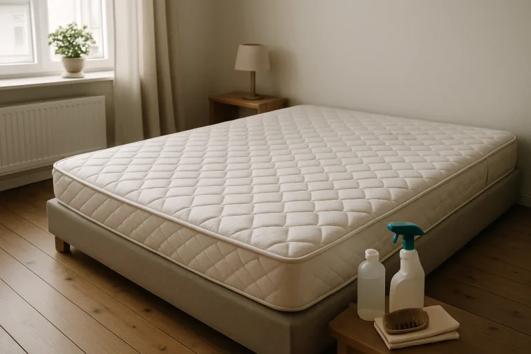 Chambre avec matelas sans draps et produits de nettoyage, lumière douce du matin.