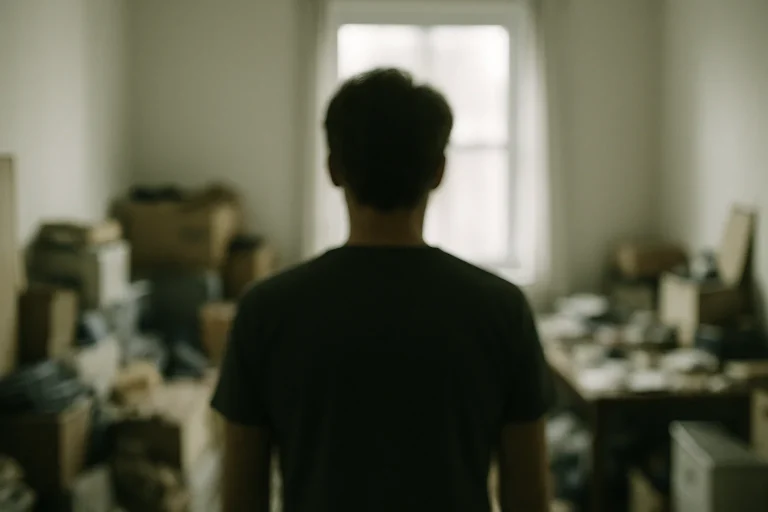 Silhouette floue de dos dans une pièce encombrée par la lumière douce entrant par une fenêtre.