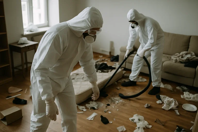 Techniciens portant des combinaisons de protection dans un environnement à risque biologique.