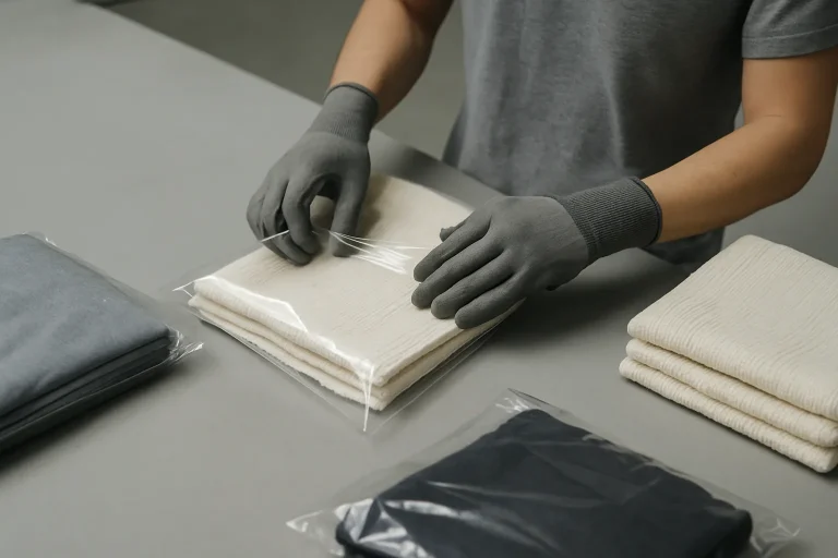Des mains gantées emballent des textiles dans des sacs plastiques pour éviter la propagation