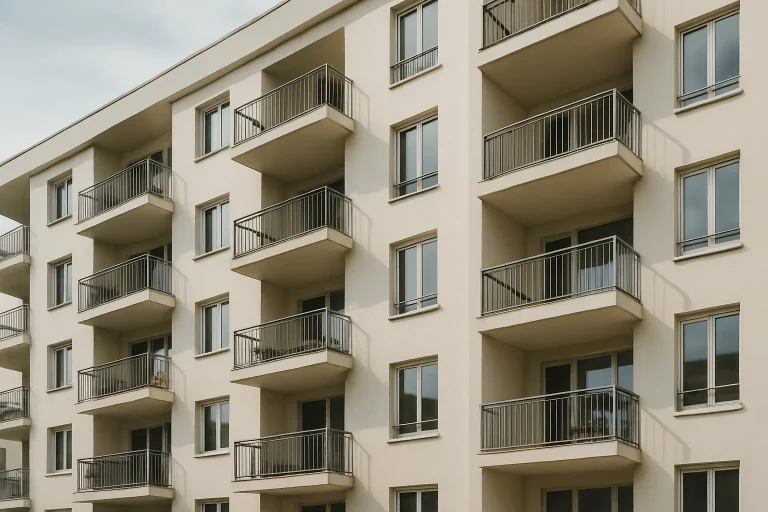 Façade d'un immeuble résidentiel avec plusieurs balcons, éclairée par la lumière du jour.