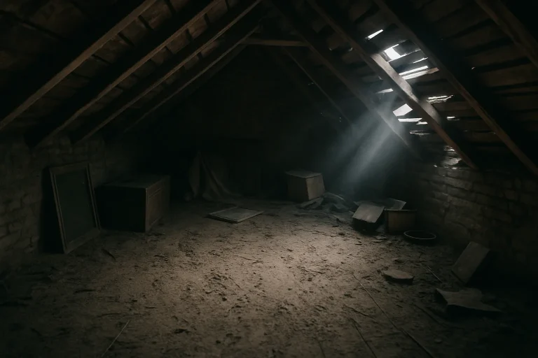 Grenier ancien avec traces de rongeurs, lumière douce à travers les planches.