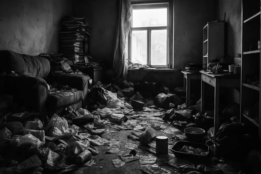 Intérieur d'un appartement Diogène avec objets éparpillés, éclairage contrasté.
