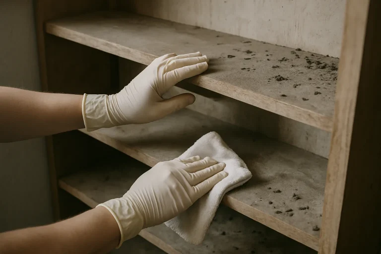 Mains gantées nettoyant une étagère poussiéreuse avec traces de rats, lumière neutre.