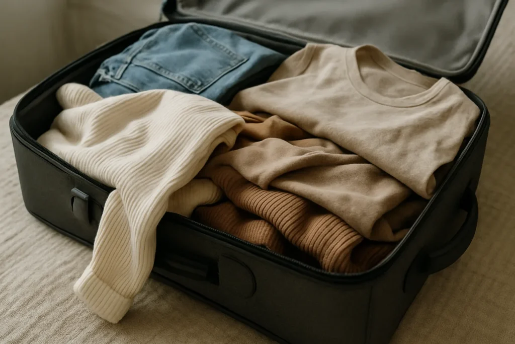 Valise ouverte avec vêtements, possible refuge pour punaises de lit.